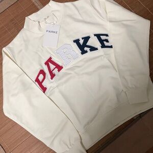 Parke Cream Mock Neck Tri-color Varsity Logo Pullover size Small / Medium